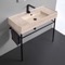 Beige Travertine Design Ceramic Console Sink and Matte Black Stand, 40